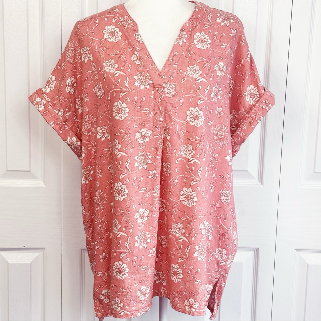 Casa Cabana Rose Pink Floral Linen V-Neck Short Sleeve Blouse Xl